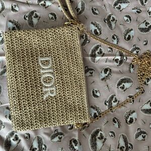 NWOT Dior Raffia Beauty Wristlet with Metallic Gold Crossbody Chain